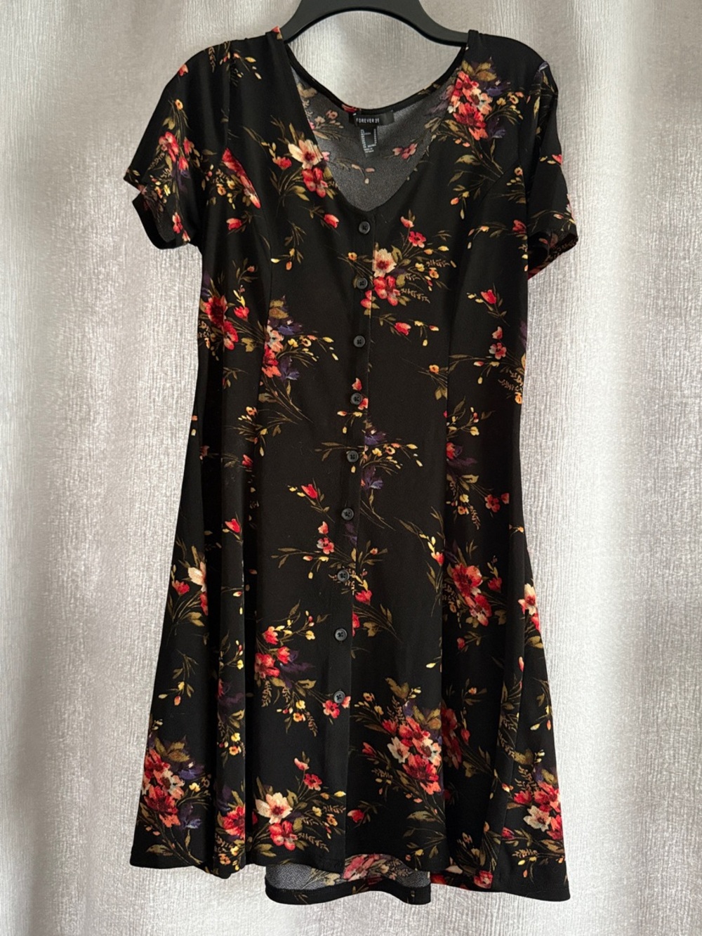 Short Black Floral Button-Front Tie Waist Dress